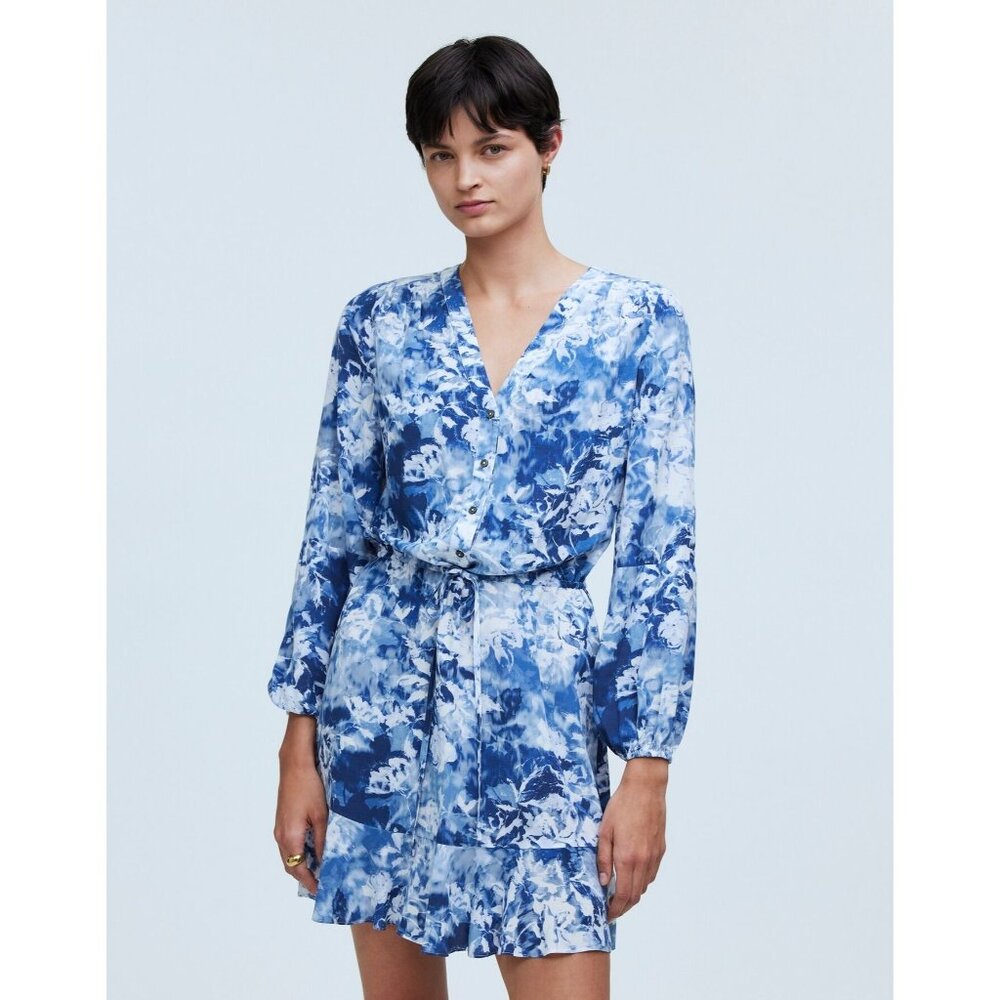 Madewell NWT Tie-Waist Mini Shirtdress in Floral Crepe Azura Rose size 2